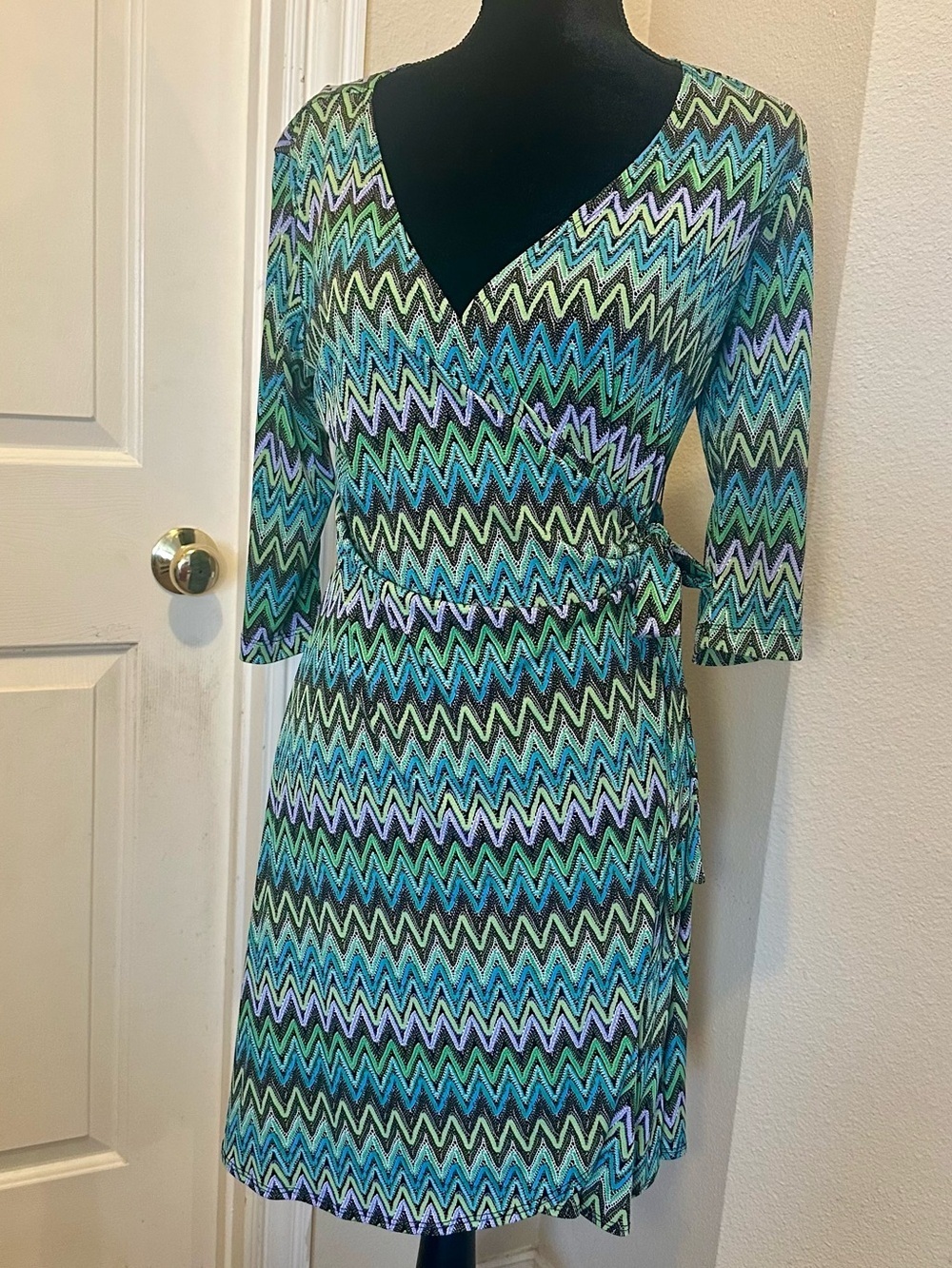Vintage Y2K Zigzag Faux Wrap Dress Petite 8P Blue Green Jersey Stretch - Picture 11 of 11